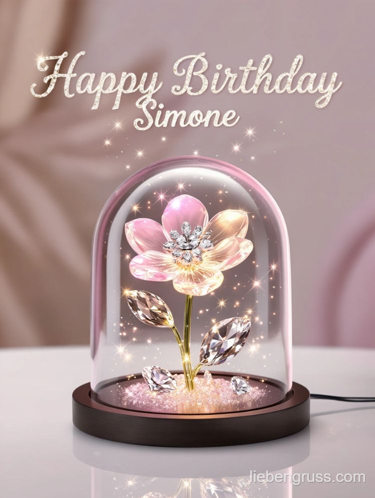 Gläserne Vase mit pinker Blume, festliches Licht, Geburtstagsschild Simone