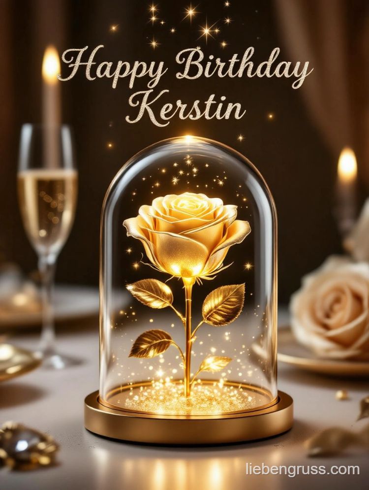 Goldene Rose in Schale mit Sternen, Geburtstagsschrift „Happy Birthday Kerstin“.