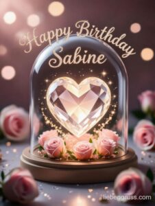Kristallherz in Glaskuppel mit Rosen und „Happy Birthday Sabine“