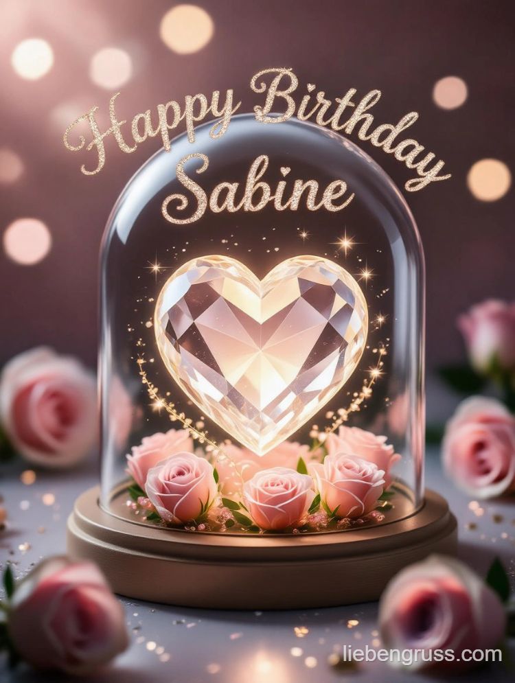 Kristallherz in Glaskuppel mit Rosen und „Happy Birthday Sabine“