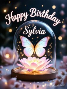 Schmetterling flattert über Lotusblume unter Glas. „Happy Birthday Sylvia“ oben.