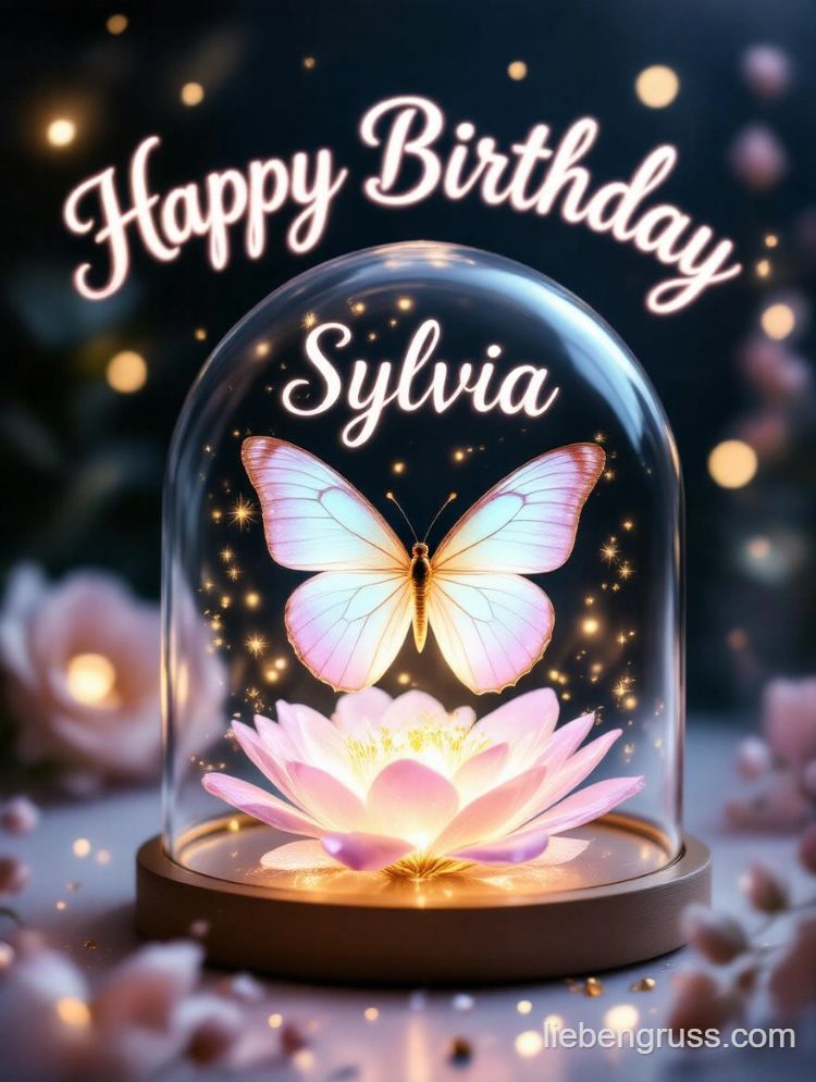Schmetterling flattert über Lotusblume unter Glas. „Happy Birthday Sylvia“ oben.