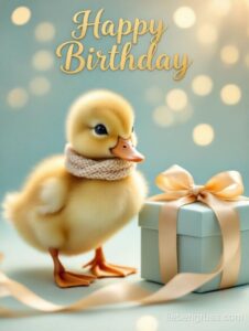 Flauschiges Entenküken neben Geburtstagsgeschenkbox mit „Happy Birthday“.