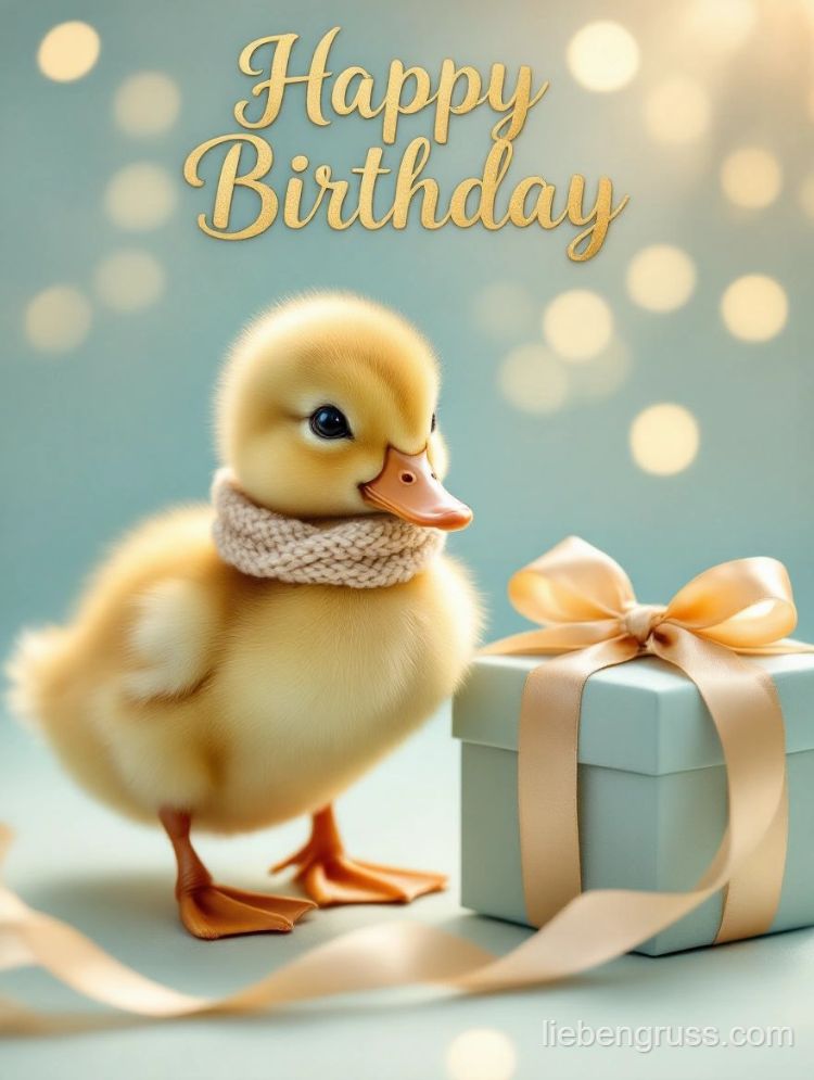 Flauschiges Entenküken neben Geburtstagsgeschenkbox mit „Happy Birthday“.