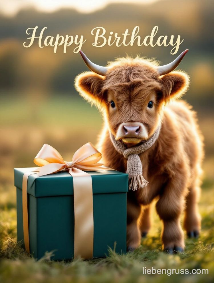 Flauschiges Rind steht neben grüner Geburtstagsgeschenkbox mit „Happy Birthday“.