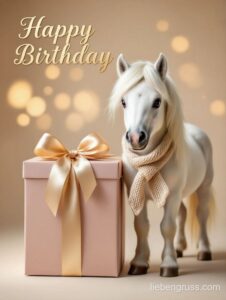Weißes Pferd mit Schal neben rosa Geschenkbox mit „Happy Birthday“