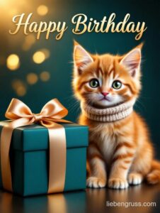 Orangefarbenes Kätzchen neben türkisfarbener Geburtstagsbox mit „Happy Birthday“-Schrift