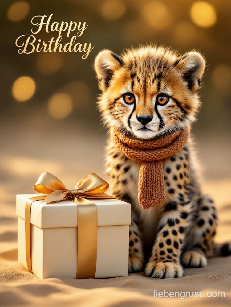 Kleiner Gepard mit Schal neben Geburtstagsgeschenk. „Happy Birthday“ im Hintergrund.