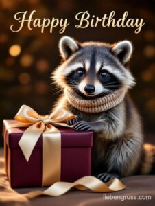 Waschbär mit Schal neben Geschenkbox mit „Happy Birthday“-Schrift
