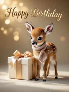 Kleines Hirschenbaby neben Geschenkbox mit „Happy Birthday“