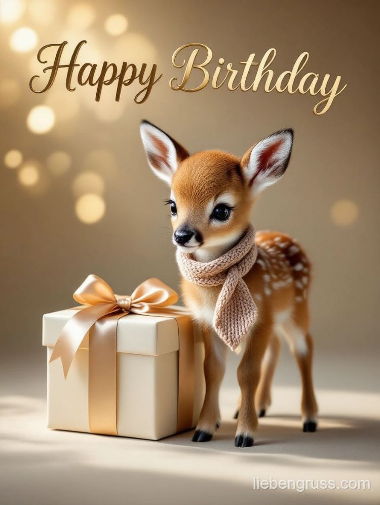 Kleines Hirschenbaby neben Geschenkbox mit „Happy Birthday“