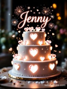 Weiße Geburtstagstorte mit leuchtenden Herzen und „Jenny“ im Schriftzug.
