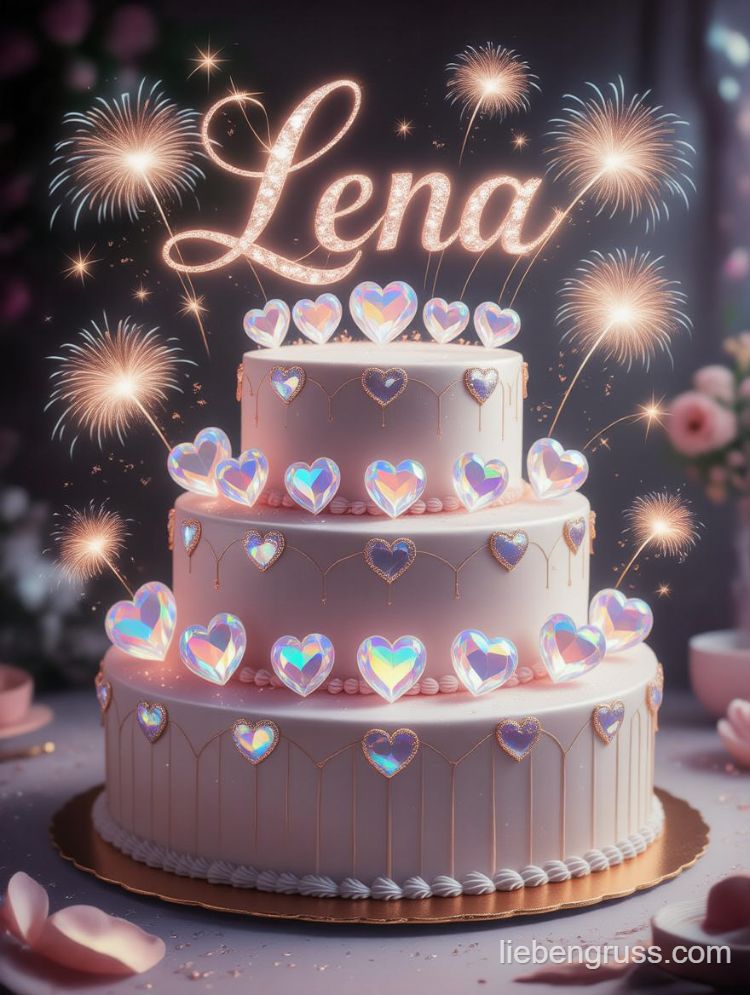 Rosa-goldener Kuchen mit „Lena“-Schrift und Herz-Dekoration