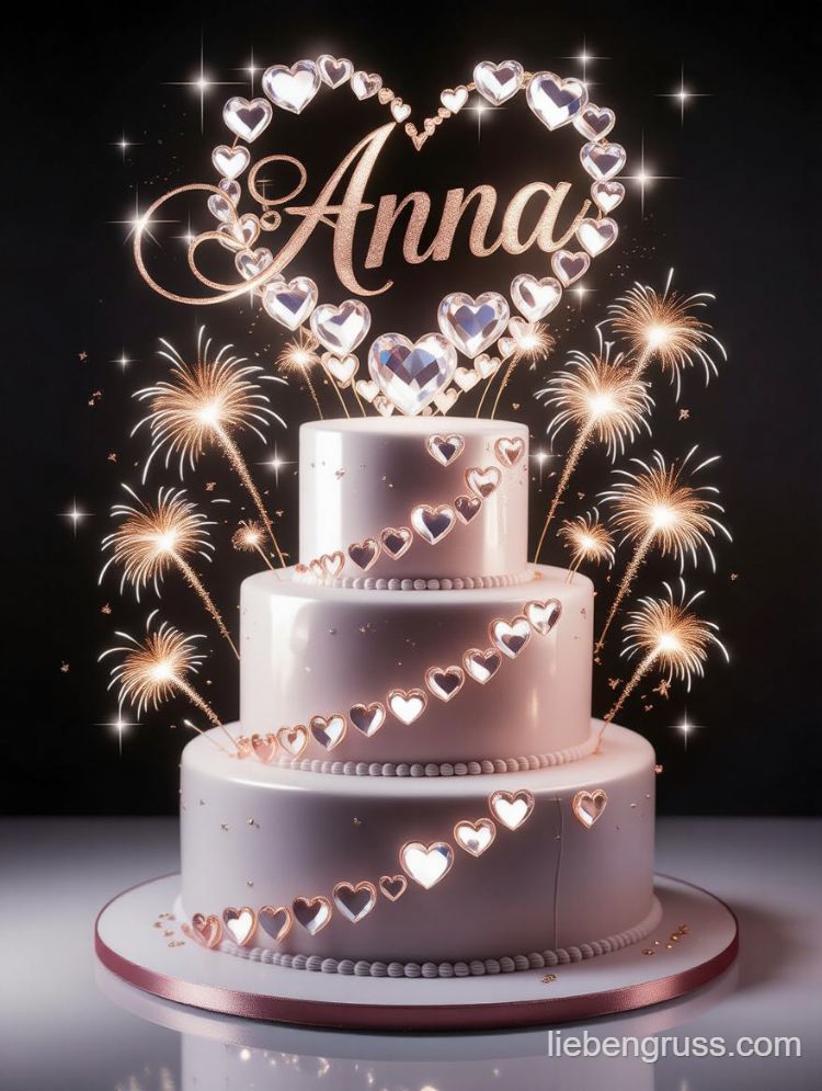 Weißer Geburtstagstorte mit Kristallherz „Anna“, umgeben von goldenem Feuerwerk und Herz-Dekoration.