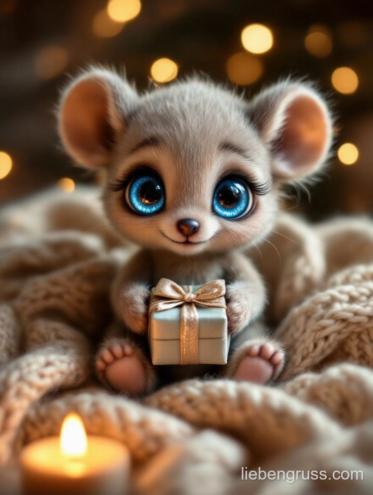 Kleines Tier hält Geschenkbox mit Kerze und warmem Licht.