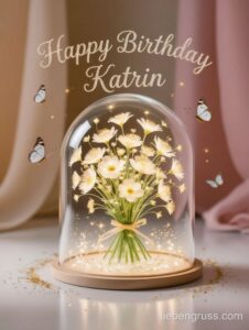 Blumenstrauß in Glaskuppel mit Schmetterlingen und „Happy Birthday Katrin“