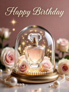 Parfümflakon mit Rosen und „Happy Birthday“-Schrift