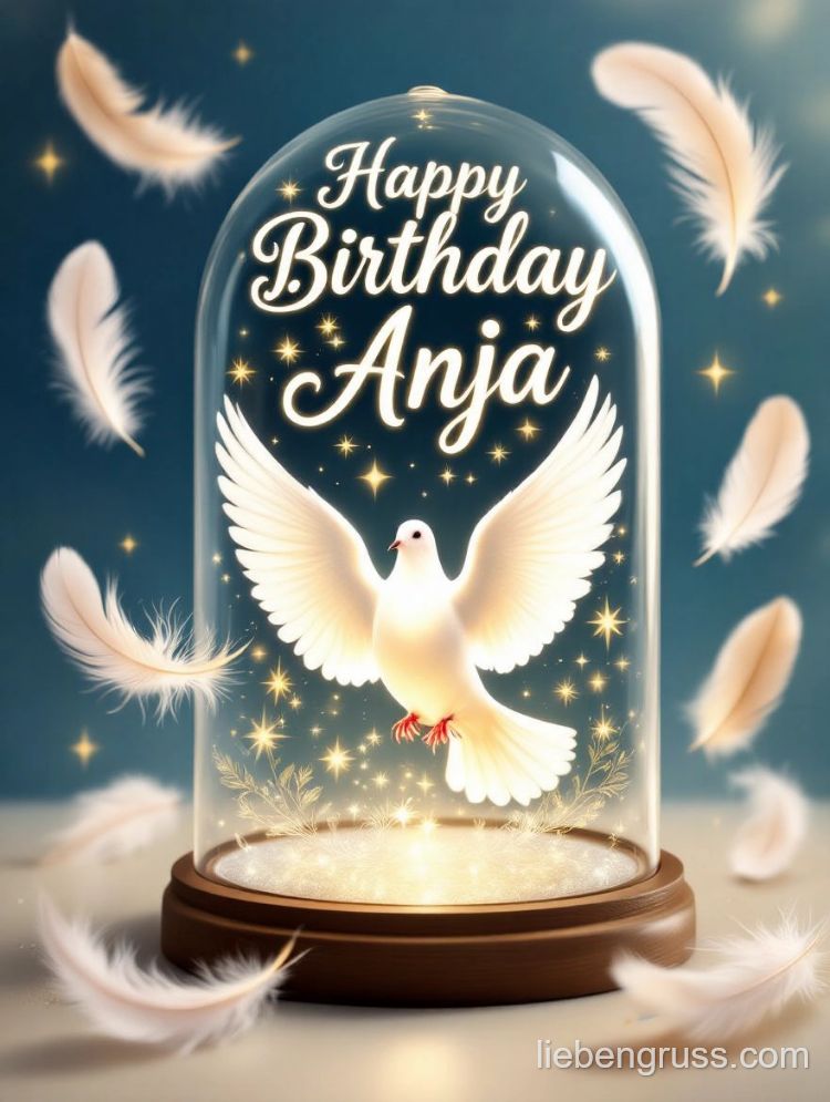 Weiße Taube in Glasglocke, umgeben von Sternen und Federn, Geburtstagsgruß „Happy Birthday Anja“.
