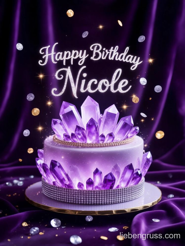Luxuriöse Geburtstagstorte mit Amethysten und „Happy Birthday Nicole“-Schrift.