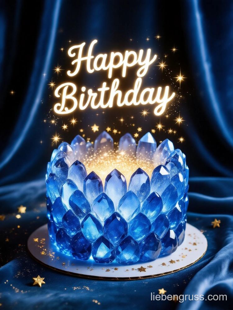 Blauer Kristallkuchen mit goldener Mitte und „Happy Birthday“-Schrift