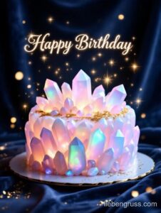 Geburtstagstorte mit Kristallen, goldener Teller, Happy Birthday Leuchtschrift