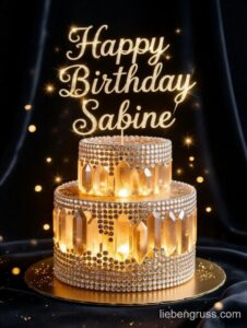 Goldener Geburtstag-Kuchen mit „Happy Birthday Sabine“ und Kristallen, innen beleuchtet.