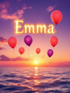 Ballons schweben unter goldenem Sonnenuntergang, Name Emma leuchtet mittig.