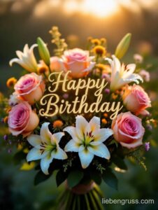 Blumenstrauß mit Rosen und Lilien, „Happy Birthday“-Schriftzug, warmes Licht