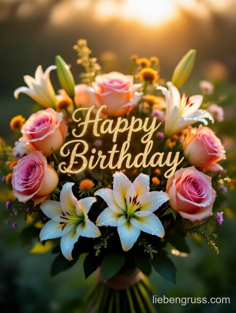 Blumenstrauß mit Rosen und Lilien, „Happy Birthday“-Schriftzug, warmes Licht