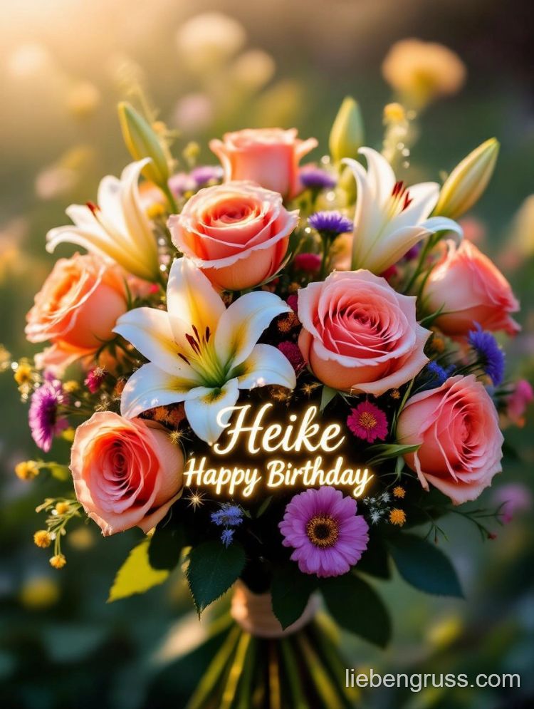 Bunter Blumenstrauß mit Rosen und Lilien. Goldener Schriftzug: „Heike Happy Birthday“.