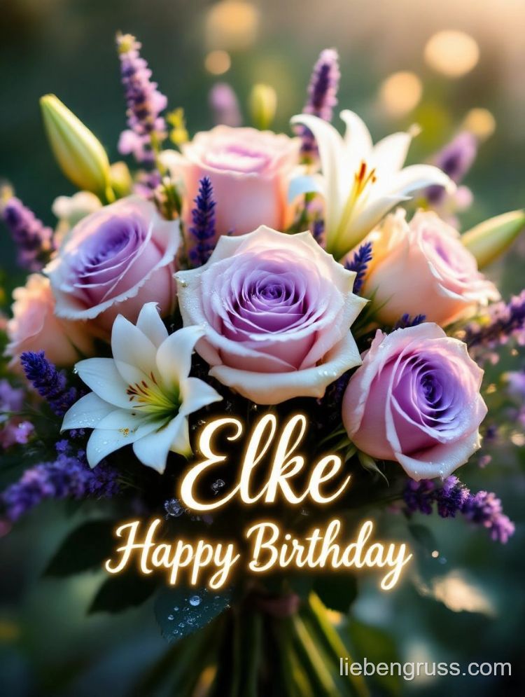 Blumenstrauß mit Rosen, Lilien und Lavendel. Glückwunsch zur Geburtstag.
