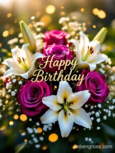 Farbenfroher Blumenstrauß mit Rosen und Lilien, goldener Schriftzug „Happy Birthday“.