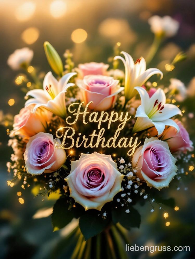 Rosa Rosen und weiße Lilien mit „Happy Birthday“-Schriftzug im Sonnenlicht.