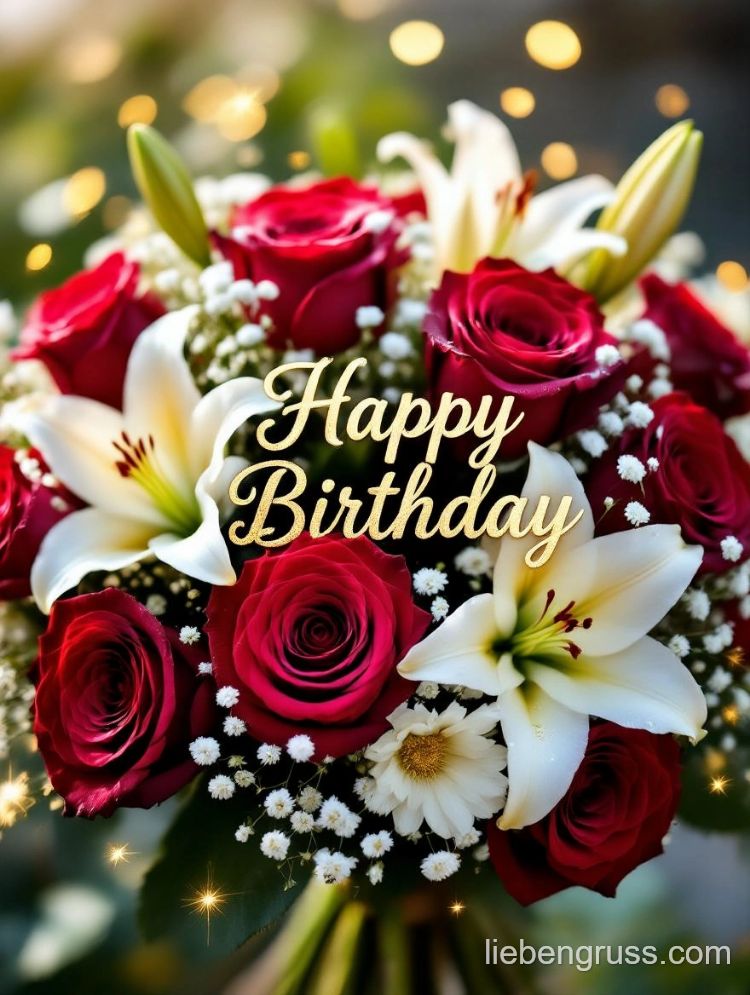 Blumenstrauß mit Rosen, Lilien und „Happy Birthday“ in Gold.