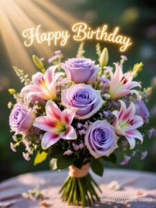 Blumenstrauß mit Rosen und Lilien für Geburtstag, goldene Schrift „Happy Birthday“